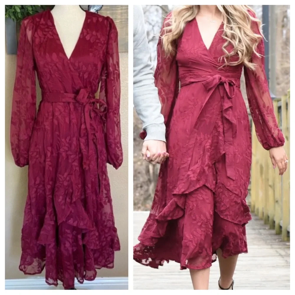 NWOT Lulus Spectacular Feeling Burgundy Embroidered Faux Wrap Midi Dress